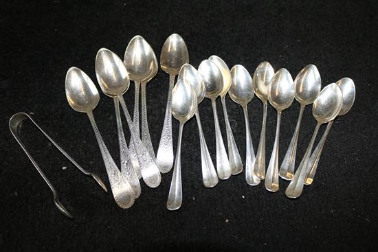 Set of 6 George III silver bright cut engraved teaspoons and a set of 10 later silver coffee spoons and silver sugar tongs